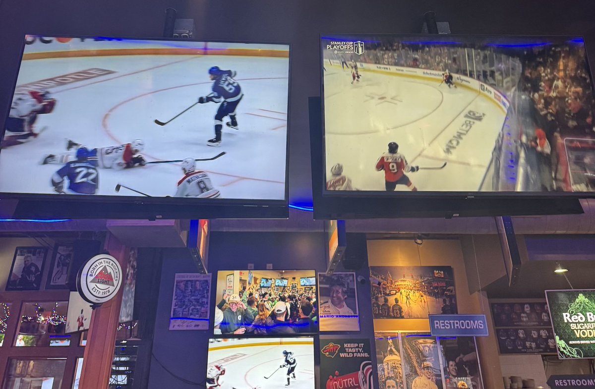 clairelybetter's tweet photo. bar set up means watching jake guentzel goal replays right next to a scoreless pens flyers game. feeling very dead wife montage. https://t.co/XsghF0eaSN