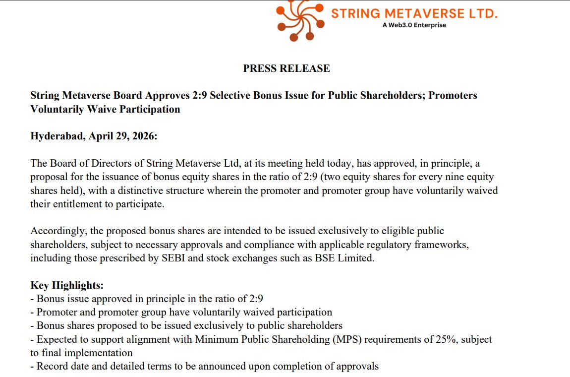 Sharad9Dubey's tweet photo. String Metaverse In Focus

Board Approves 2:9 Selective Bonus Issue for Public Shareholders

Promoters Voluntarily Waive Participation