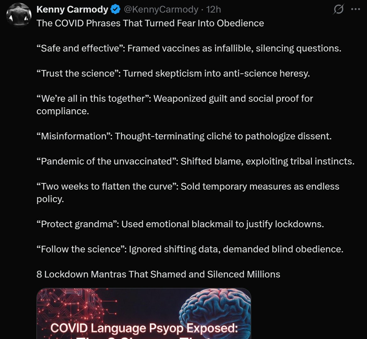 BrianGPowell's tweet image. "8 Slogans That Hijacked Your Brain"
#PropaGanda;#CoVId;#PlanDemic;#5G;#Vaccines
