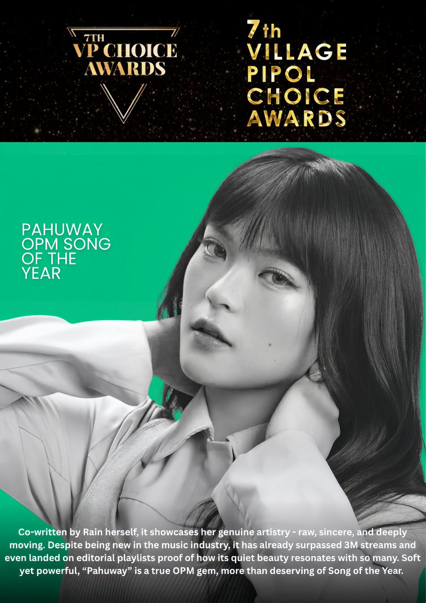 thekpop2Of's tweet image. Congratulations @rainraincelmar for Pahuway winning OPM Song of the Year a beautiful recognition for a song that turns rest into something deeply healing.Loved by many fans it continues to bring comfort and peace to every heart it reaches 

#7thVPChoiceAwards  #Rain