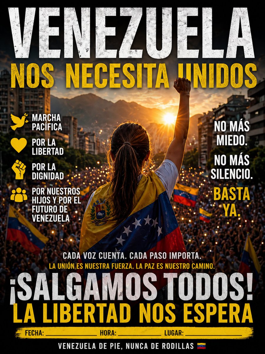 VENEZUELA NOS NECITA UNIDOS 

Esta no es una marcha más.
Es el grito de un pueblo cansado del miedo, de la impunidad y del silencio.
Convocamos a todos los venezolanos de bien a salir en paz, pero con firmeza, a defender la libertad, la dignidad y el futuro de nuestra nación.