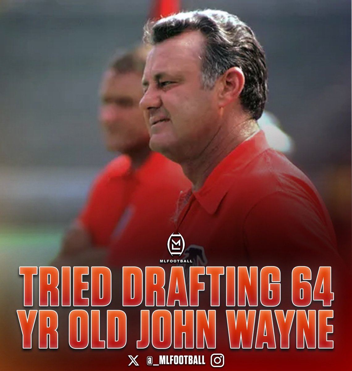 MLFootball's tweet image. WILD: Former #Falcons GM Norm Van Brocklin once tried to DRAFT 65-year-old ACTOR John Wayne in the 1972 #NFL Draft.

The draft at the time had 17 rounds, leaving few real good players at the end, leading ATL to using their final pick on Wayne.

Wayne played football at USC.

🤯