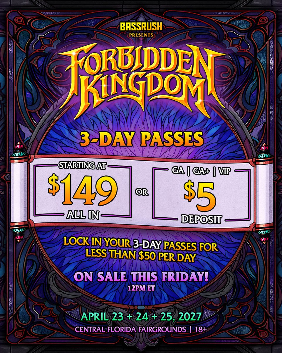 FKMusicFest's tweet photo. The Kingdom reopens its gates across THREE days, on April 23 + 24 + 25, 2027 at the Central Florida Fairgrounds. ⚔️ Passes go on sale THIS FRIDAY at 12 PM ET. Prepare to claim your place in the next chapter beyond the castle walls. 🏰 https://t.co/YUlxeJjUk2