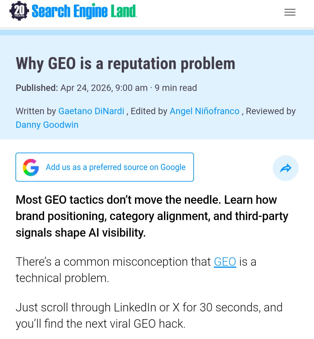 gaganghotra_'s tweet image. Loved this #SEO 😇😇
"Most GEO tactics don’t move the needle. Learn how brand positioning, category alignment, and third-party signals shape AI visibility."

searchengineland.com/geo-reputation…