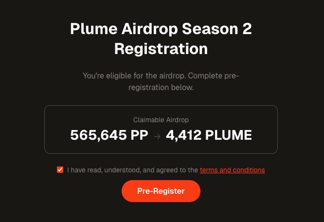Plume 空投第二季注册现已开启

✅ 在此处注册：plume.org/blog/plume-poi…

- 注册截止日期：2026年5月27日

资格要求：钱包中至少拥有10,000 Plume积分