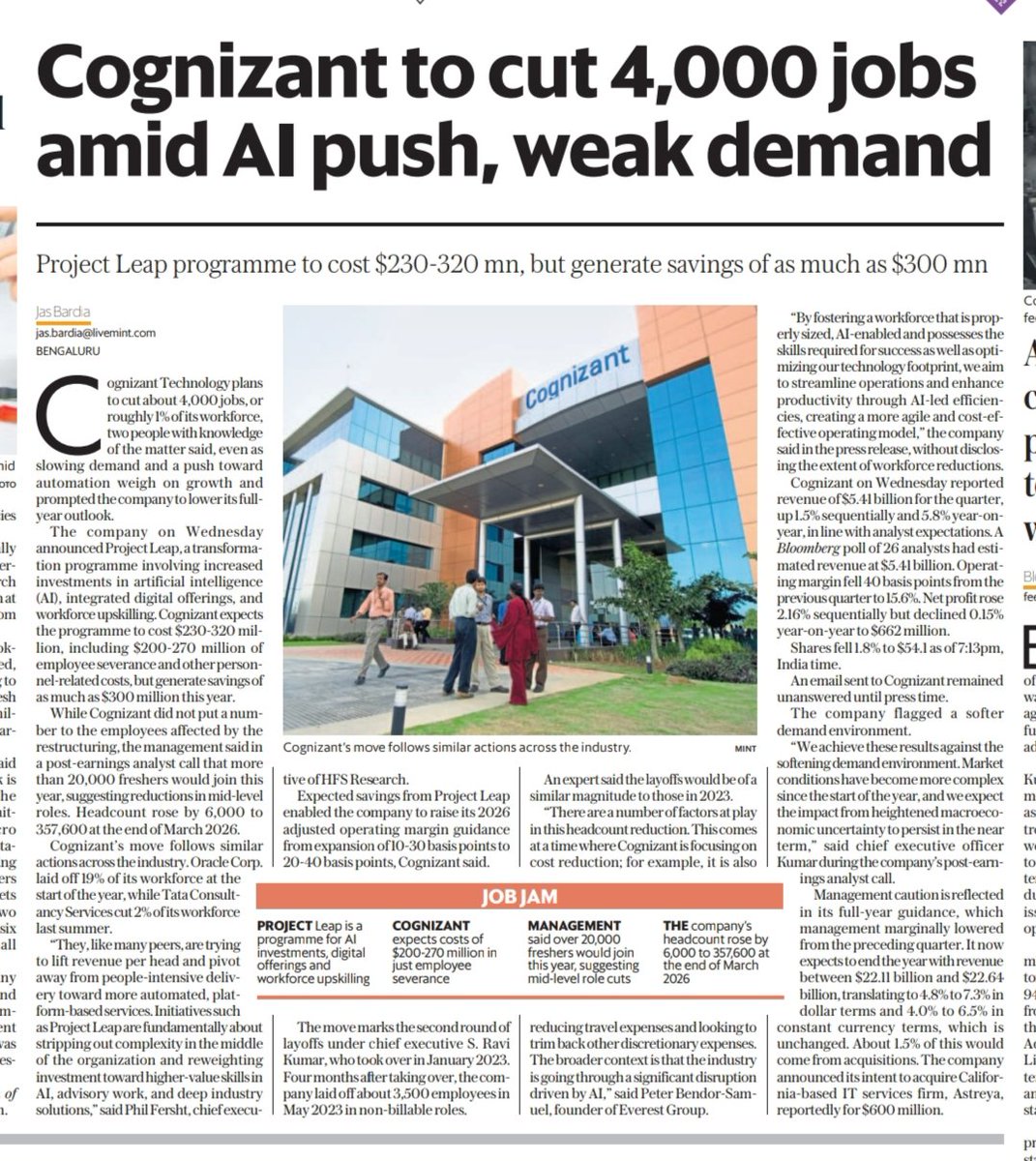 Warrenwala's tweet photo. Cognizant to cut 4000 jobs - Project Leap. https://t.co/0RQeUuqA1n