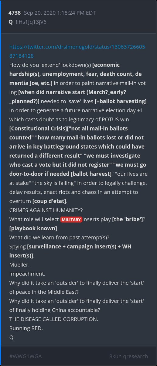 goldenheart1223's tweet image. This was on post 4738 Sep 20 2019 
x.com/i/status/13063…
September 16 2020 
Around the time that  COVID was happening and the government was telling us not to take the certain medications that could help most COVID patients. 
That time frame #CrimesAgainstHumanity
