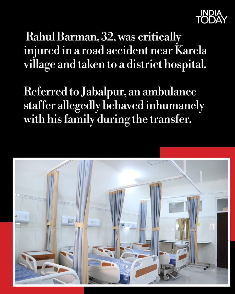 IndiaToday's tweet image. A disturbing incident from Madhya Pradesh’s Katni has sparked outrage after a viral video showed a road accident victim’s family allegedly being forced to clean a 108 ambulance and pay money. 

#MadhyaPradesh #Katni #AmbulanceCase #ViralVideo