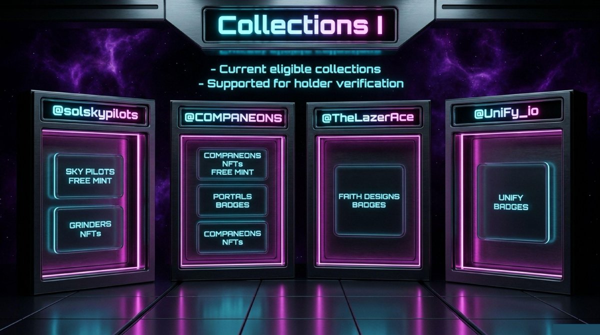 Companeons's tweet image. Eligible collections currently supported include 👇

@solskypilots
• SKY PILOTS FREE MINT
• GRINDERS NFTS

@COMPANEONS
• COMPANEONS NFTS FREE MINT
• PORTALS BADGES
• COMPANEONS NFTS

@TheLazerAce
• FAITH DESIGNS BADGES

@UniFy_io
• UNIFY BADGES

#NFTUtility #SolanaNFT