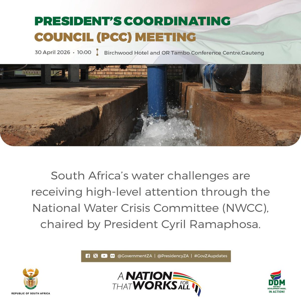 GovernmentZA's tweet image. #PCC 💧 | National Water Crisis Committee

Today, South Africa’s water challenges are receiving urgent, high-level attention through the National Water Crisis Committee (NWCC), chaired by President Cyril Ramaphosa.

#WaterSecurity #GovZAUpdates