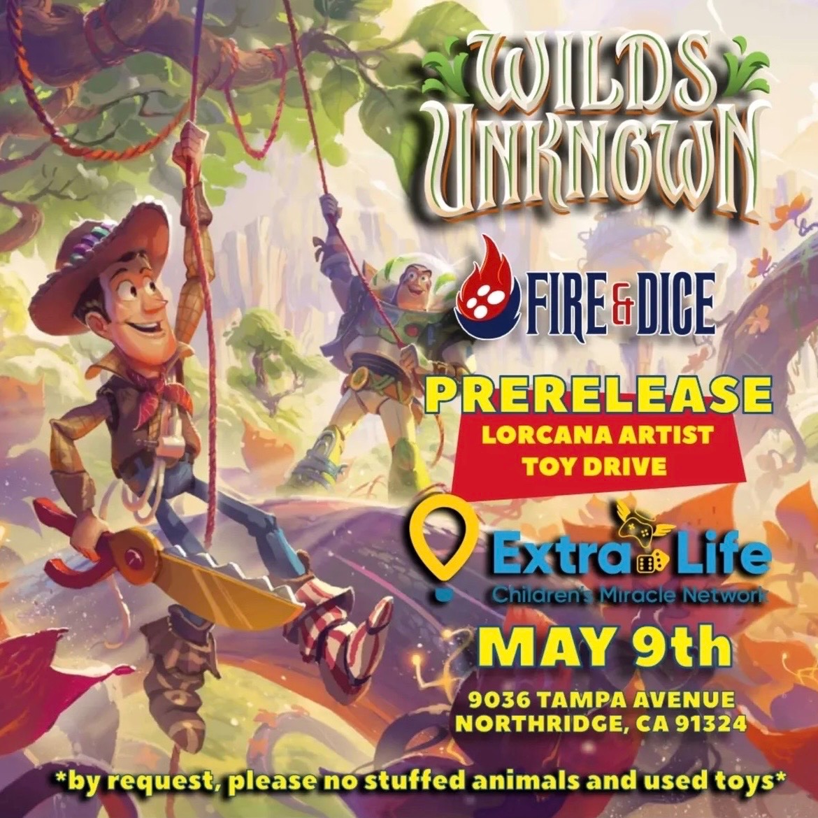 lorcanaduo's tweet photo. Our local store, Fire &amp; Dice, is hosting a toy drive on top of the Wilds Unknown pre-release! 

A couple of Disney Lorcana artists will also be in attendance for card signing!

This is gonna rock! Shoutout Extra Life for partnering for the toy drive 🤠❤️ https://t.co/LCR7xAEALn