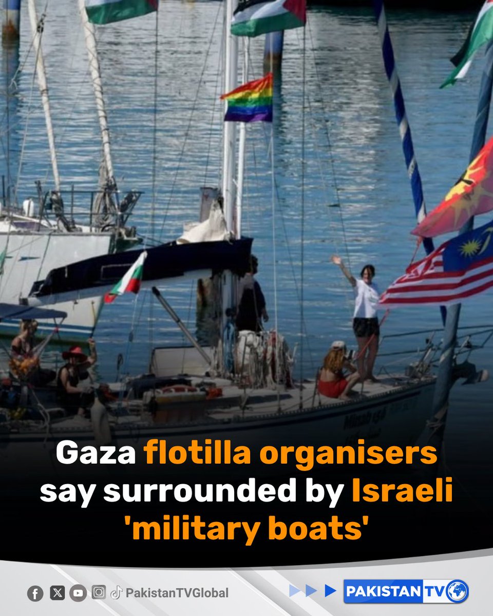 PakTVGlobal's tweet image. The organisers of a flotilla carrying pro-Palestinian activists aiming to break through an Israeli blockade in Gaza said Thursday their boats were surrounded by Israeli “military boats”.

#Gaza #Israel #Flotilla #Palestine #PakistanTV