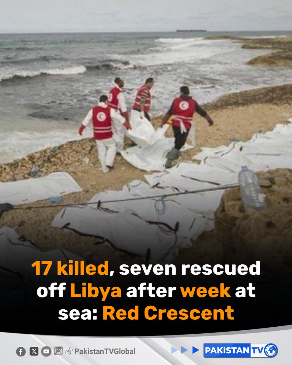 PakTVGlobal's tweet image. The Libyan Red Crescent said Wednesday that a patrol boat recovered 17 bodies and rescued seven people during an operation to assist a stranded vessel off the North African country.

#Libya #Mediterranean #RescueOperation #HumanitarianCrisis #PakistanTV