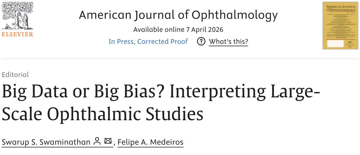 Melika_HSH's tweet photo. 📊 Do bigger datasets really give us better answers, or can they also create bigger bias?

A thoughtful AJO editorial reminds us that large-scale ophthalmic datasets are powerful, but only when interpreted carefully.

Datasets like IRIS Registry, All of Us, UK Biobank, Epic Cosmos, and TriNetX allow us to study real-world evidence, rare outcomes, care patterns, safety, and health equity at a much larger scale.

But a bigger N does not automatically mean better evidence.

The key question is not just:
“How large is the dataset?”
It is:
“Is this the right dataset for this clinical question?”

⚠️ Important limitations remain:
• Missing OCT and visual field data
• Heavy reliance on ICD codes
• Variable documentation across clinics
• Non-random follow-up and testing frequency
• Incomplete capture of care outside the system
• Residual and unmeasured confounding

In very large datasets, even tiny differences can become “statistically significant.” But a very low P value does not always mean the finding is clinically meaningful.

Effect size, absolute risk, data quality, and clinical context still matter.
💡 Big data should help us ask better questions, not make bigger claims than the data can support.
@SSwaminathanMD 
#Ophthalmology #BigData