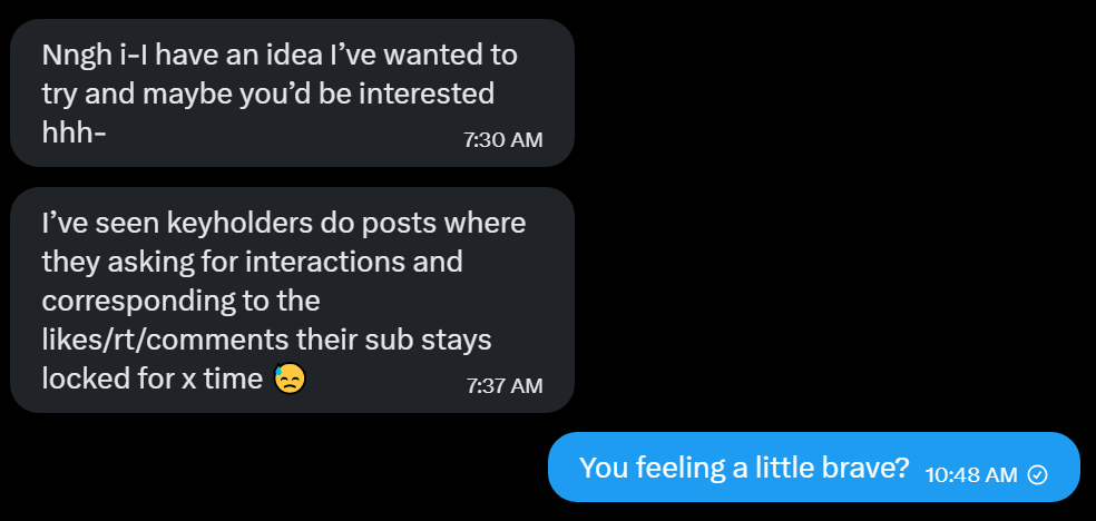 I have a locked good girl who's feeling brave about getting a bit more time added to her lock.
Why don't we say, each like and retweet is an hour added? Let's get her locked up for life 😈🤏🔒