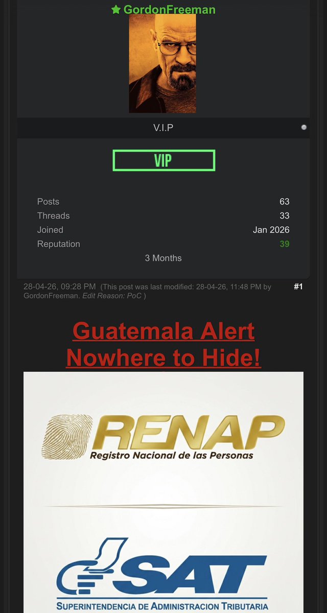 DailyDarkWeb's tweet photo. 🇬🇹 Threat actor “GordonFreeman” has published new claims targeting Guatemalan government-related entities, including references to:
• RENAP (Registro Nacional de las Personas)
• SAT Guatemala (Superintendencia de Administración Tributaria)

The post uses aggressive language and suggests possession of sensitive governmental or citizen-related information, though the exact scope of the alleged compromise has not been independently verified.

DDW assessment:
If legitimate, exposure involving national identity or tax administration systems could create significant risks including:
• Identity fraud
• Tax-related scams
• Credential abuse
• Citizen profiling
• Financial and administrative fraud

At this time:
• No official confirmation has been observed
• Technical validation remains limited
• The claims should be treated cautiously pending further evidence

Government and critical administrative systems across Latin America continue to face elevated targeting from both financially motivated and politically motivated threat actors.

Status: Unverified — based on underground forum activity.

#DailyDarkWeb #CyberSecurity #ThreatIntelligence #DataBreach #GovernmentSecurity #DarkWeb #InfoSec #CyberThreats