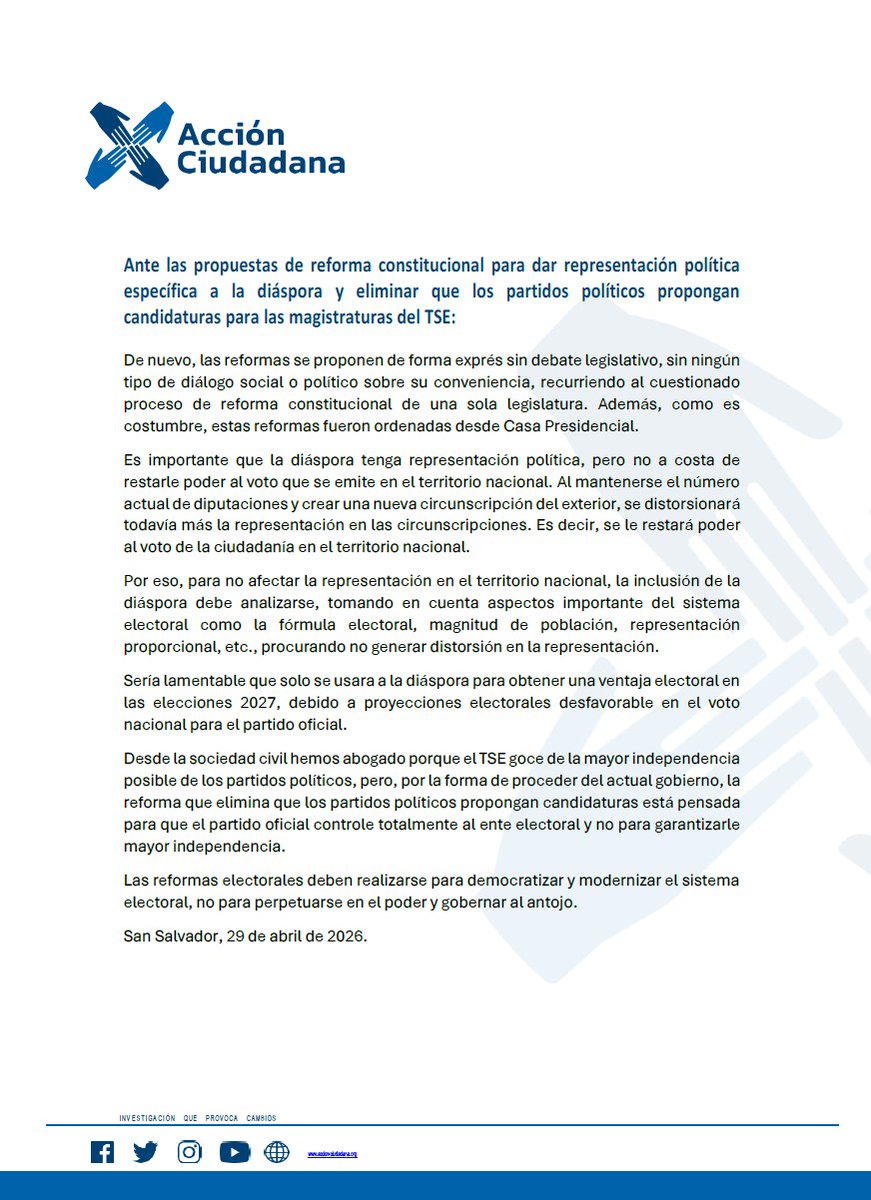 Presidente Bukele solicita reforma a la Constitución para que la diáspora tenga representación propia en la Asamblea

❌ Acción Ciudadana lamenta que se proponga de forma exprés, sin debate alguno y a costa de “restarle poder al voto de la ciudadanía en el territorio nacional”