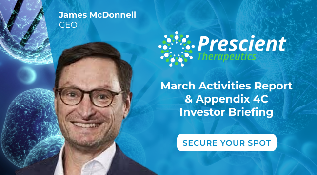 PTX_AUS's tweet photo. Prescient Therapeutics (ASX: PTX) is pleased to provide its Activities Report and Appendix 4C for the quarter ended 31 March 2026. CEO, James McDonnell will host an Investor Briefing on 5 May at 12pm (AEST). Register 🔗 https://t.co/PqtRNLkvxF

#Biotech #Health #CancerTreatment https://t.co/p3eRSnluz2