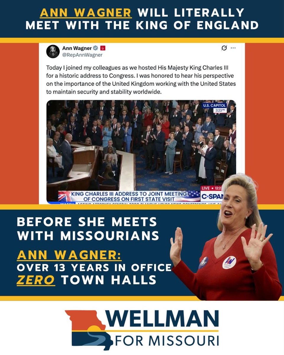 WellmanForMO's tweet image. Ann Wagner will make time for royals, but not for you.
13+ years in office. Zero town halls. Missourians deserve a representative who actually shows up.
#TeamWellman #Missouri #StLouis #Congress @FPWellman