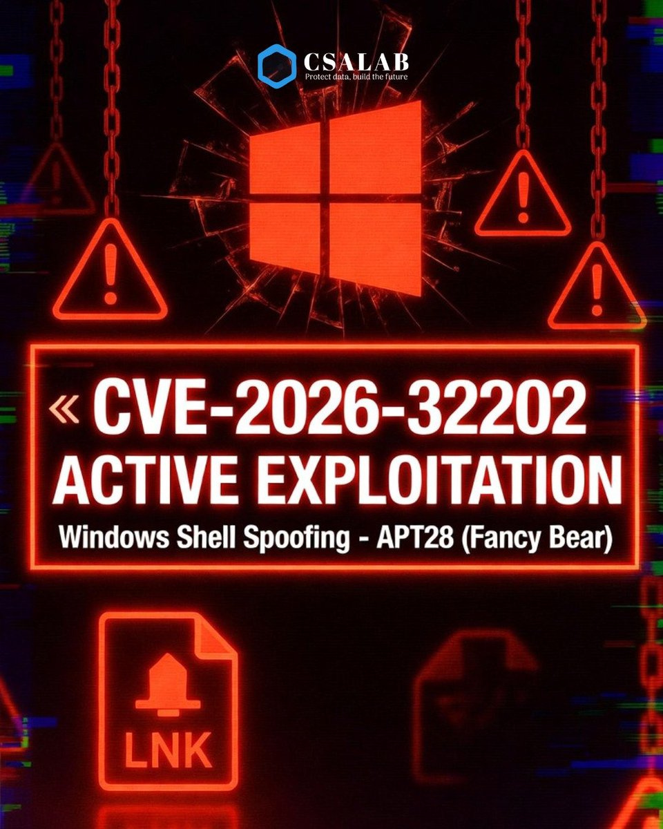 csalab_id's tweet image. 🚨 Microsoft Konfirmasi CVE-2026-32202 SEDANG DIEKSPLOTASI AKTIF!

Windows Shell Spoofing dimanfaatkan APT28 (Fancy Bear - Rusia).

Masih bisa serang meski sudah dipatch sebelumnya.

Update Windows &amp;amp; Edge SEKARANG!

#CVE202632202 #WindowsSecurity #APT28