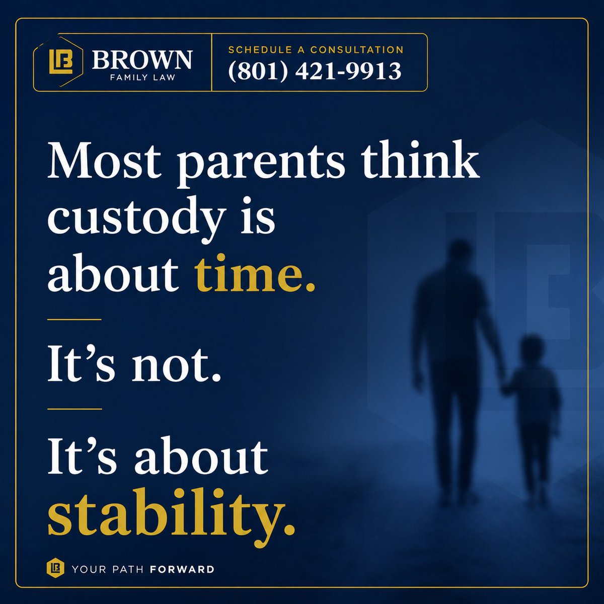 BrownLawLLC's tweet photo. Most custody cases don’t turn on who wants more time.

They turn on patterns:
– Who creates consistency
– Who supports the child’s routine
– Who reduces conflict

The goal isn’t to “win.”

It’s to build something a court sees as stable.

If you’re thinking about custody, the strategy matters more than the argument. Call us today: (801) 421-9913 or visit https://t.co/UnAYdBFDGj.