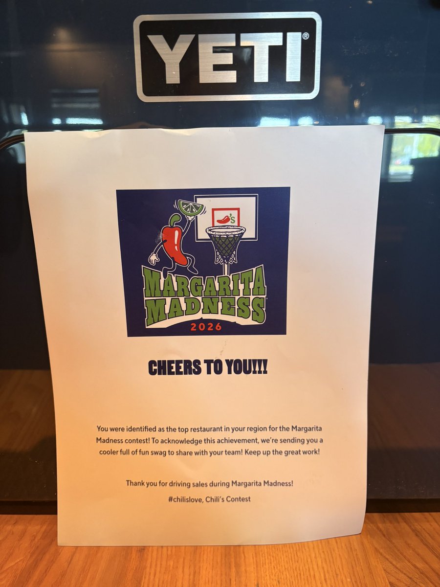 Klchops2's tweet image. Thank you @Chilis for recognizing my team and their extraordinary efforts during this year’s Margarita Madness!  It’s an East Northport first! #ChilisLove