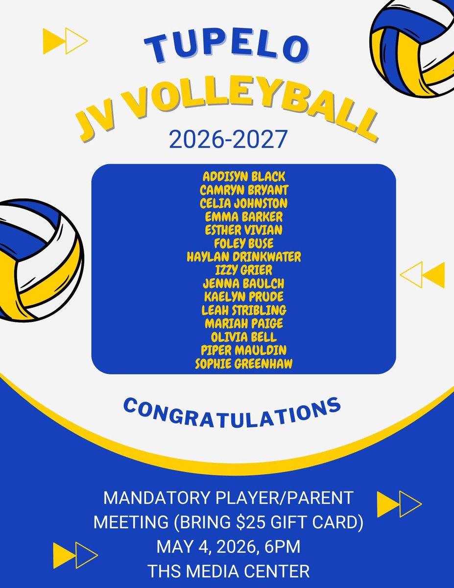 TupVB's tweet photo. Congratulations to the 2026-2027 JV volleyball team. Mandatory parent/player meeting Monday. Can't wait to get started. https://t.co/tAZeNzKB5z