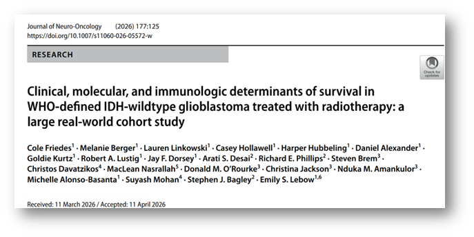 StevenBremMD's tweet photo. 🧵1/3  Kudos to Cole Friedes, Melanie Berger, Lauren Linkowski, @EmilyLebow and colleagues in the Penn Brain Tumor Center for their publication today on clinical, molecular and immunologic determinants of #survival in #WHO-defined #IDH-wt #glioblastoma treated with  #radiotherapy - a large real-world cohort study.
@PennRadOnc @PennNSG @PennCancer @PennMedCSO 

https://t.co/7UESd3JZqf
