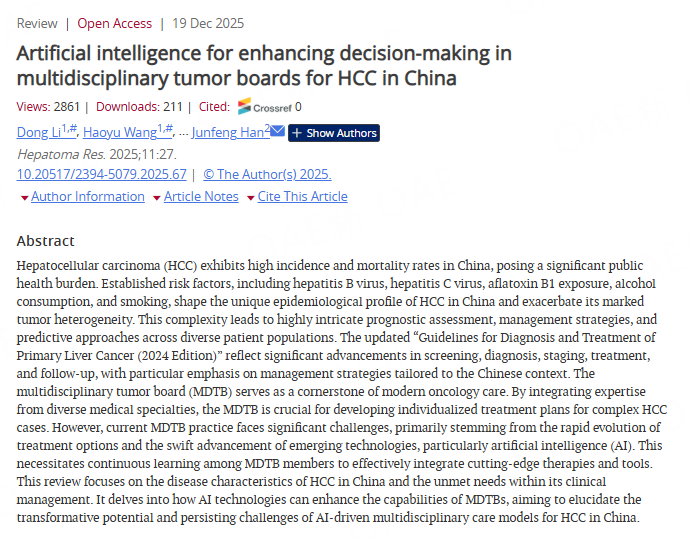 HepatomaRes's tweet image. 🤖 AI in MDTs: Transforming HCC Decision-Making in China

Can artificial intelligence enhance multidisciplinary tumor boards (MDTs) in HCC care?
🔗[f.oaes.cc/xmlpdf/publish…]
#HCC #AIinMedicine #MDT #PrecisionOncology
