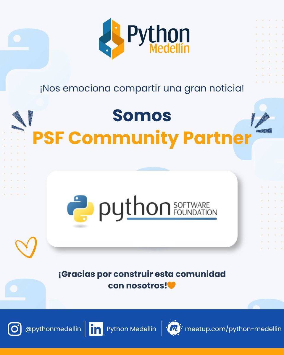 python_medellin's tweet photo. Python Medellín is now a PSF Community Partner @ThePSF  🐍✨

We’ll keep building community, sharing knowledge, and growing Python together 💛

Thanks for being part of this 🧡

#Python #PSF #PythonMedellin https://t.co/QVrGJIj1D0