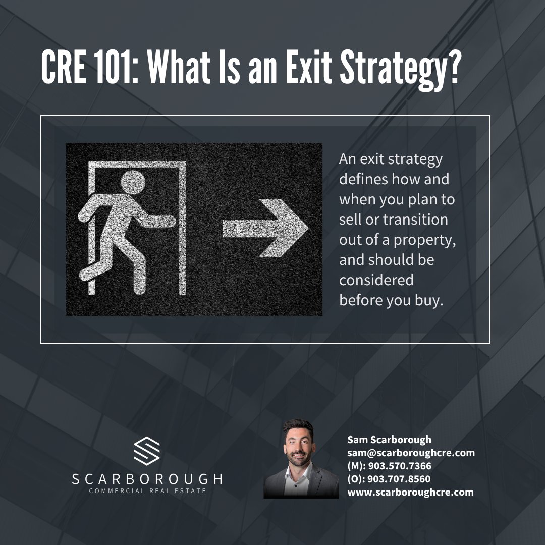 scarboroughcre's tweet image. Common exit strategies include:

• Selling after increasing value
• Refinancing to pull out equity
• Completing a 1031 exchange
• Holding long-term

Without a clear exit strategy, you can lose focus or miss opportunities when market conditions shift.

#cre101 #exitstrategy