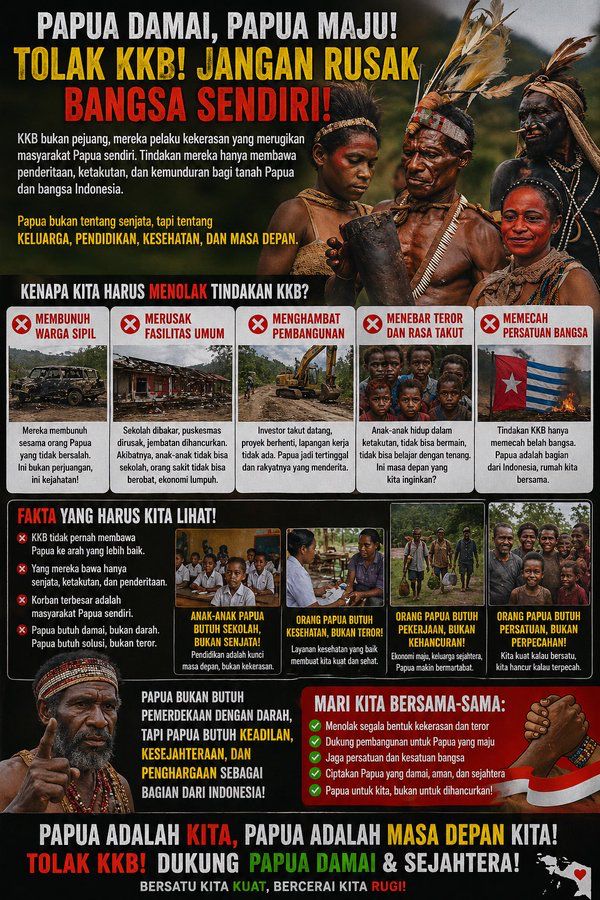 MirzaUtomo20426's tweet image. Tong mau hidup tenang, anak-anak sekolah, keluarga hidup baik. Bukan baku bunuh, bukan bakar fasilitas. KKB cuma bikin Papua tertinggal. Tong butuh pendidikan, kesehatan, dan pembangunan, bukan senjata.
#PapuaDamai #PapuaAman #PapuaNKRI #PapuaIndonesia #TolakOPM