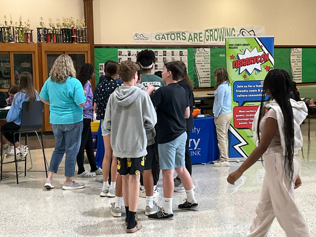 DCMSMediaCenter's tweet image. Staff from YCL visited to share info about LibraryCon &amp;amp; #SummerReading with our middle schoolers during all lunches. Students lined up to spin the prize wheel! Join the free family fun on May 16th! sites.google.com/rhschools.org/… @DutchmanCreekMS @yorkcountylibrary #CommunityPartnerships