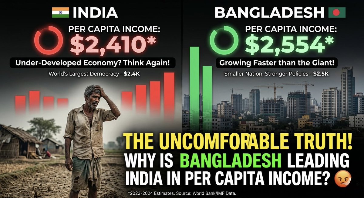 BharatBytesnews's tweet image. Sharamnak! 🇮🇳
India se itna chhota aur piche rehne wala Bangladesh aaj Per Capita Income mein humse aage nikal gaya hai?

​Resources hamare paas zyada hain, par nateeja zero! Kya hamari arthvyavastha sirf kagazon par badh rahi hai? Ground reality kab badlegi? 😡
​#India #Economy
