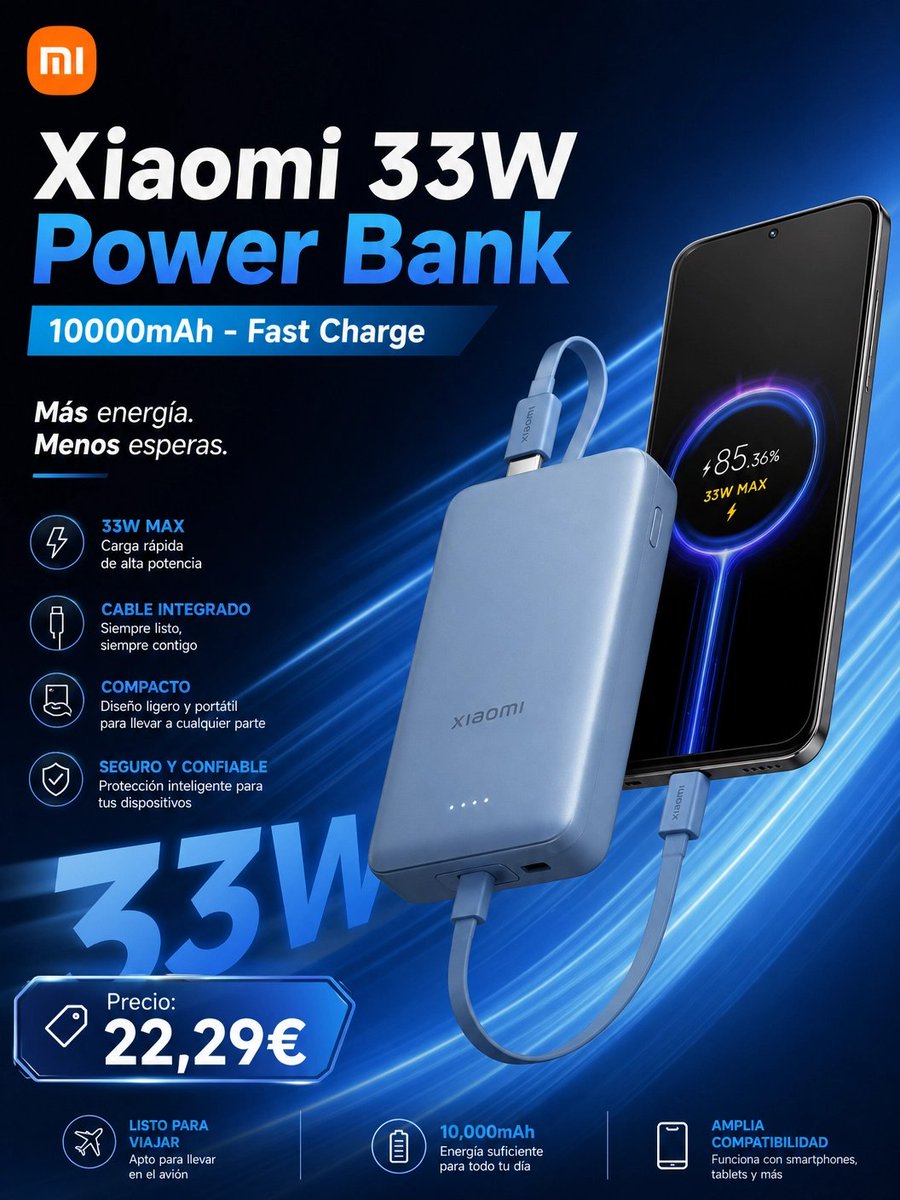 auro_cola's tweet image. Xiaomi 33W Power Bank 10000mAh Blue

¡Nunca te quedes sin batería con la Xiaomi 33W Power Bank de 10000mAh! 🔋 Carga rápida de 33W y USB-C integrado para hasta 3 dispositivos a la vez. ¡Tu compañera ideal por solo 22,29€ (antes 44,58€)! #PowerBank #Xiaomi #CargaRápida