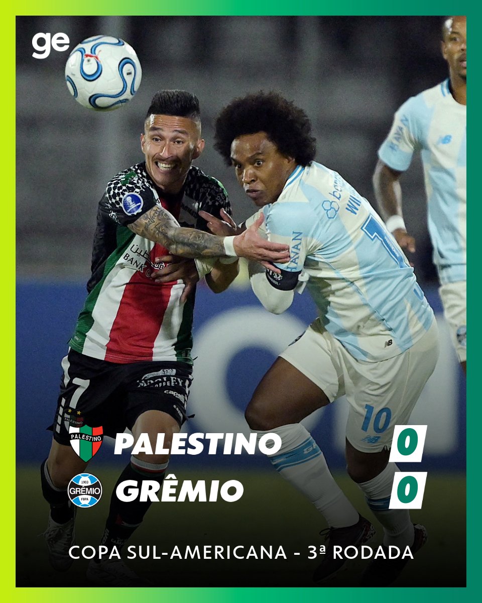 geglobo's tweet image. Tudo igual para Grêmio e Palestino no Estádio La Cisterna, no Chile. Após 3 pênaltis perdidos por Carlos Vinícius, os times empataram em 0 a 0 pela 3ª rodada da fase de grupos Copa Sul-Americana. 

📸: AFP 

Veja como foi ➡️ glo.bo/48v8x7f

#Futebol #SulAmericana #Grêmio