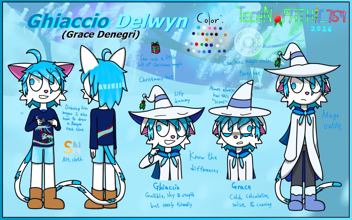 Technopathic759's tweet image. I'm surprised I never made a bio of him before. Yet I'm also glad I didn't, cuz I just suddenly gave him a huge lore boost. (Read it in comment)

#anthro #oc #ocart #magecat #characterref #magic #ice #mage #christmas #arcaneodyssey