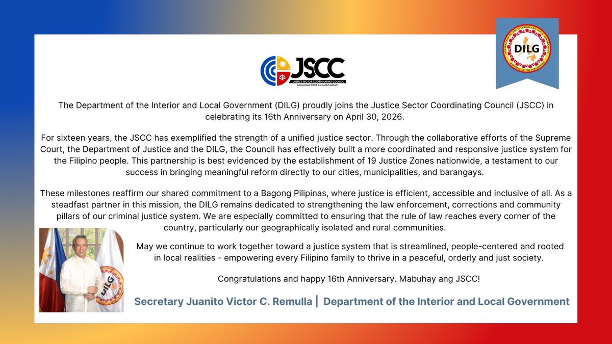 SCPh_PIO's tweet photo. 𝐑𝐄𝐀𝐃 | Message from Secretary Juanito Victor C. Remulla of the Department of the Interior and Local Government for the JSCC 16th Anniversary.

#JSCC
#BayanihanParaSaKatarungan
#JusticeZone https://t.co/D5MJ5Ndt2e