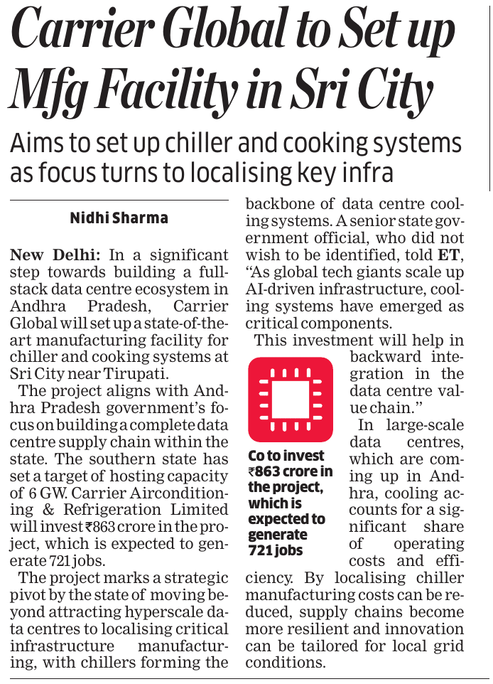 nidhi_sharma's tweet image. Andhra Pradesh sharpens its data centre strategy - pivoting from being a hub to building a full-stack manufacturing ecosystem. In a first, @carrier will manufacture chiller units for data centres at @Sri_City, marking early signs of backward integration in the value chain. ₹863