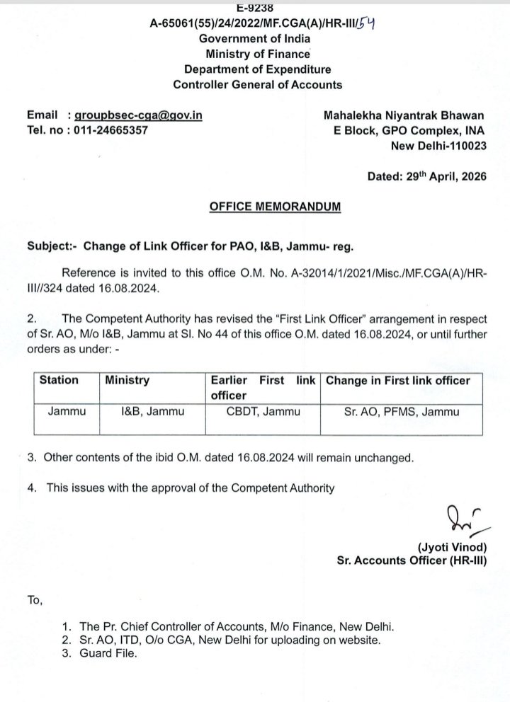 h_pongilath's tweet image. Govt of India - Ministry of Finance - Department of Expenditure - Change of Link Officer for PAO, I&amp;amp;B, #Jammu 
#CBDT