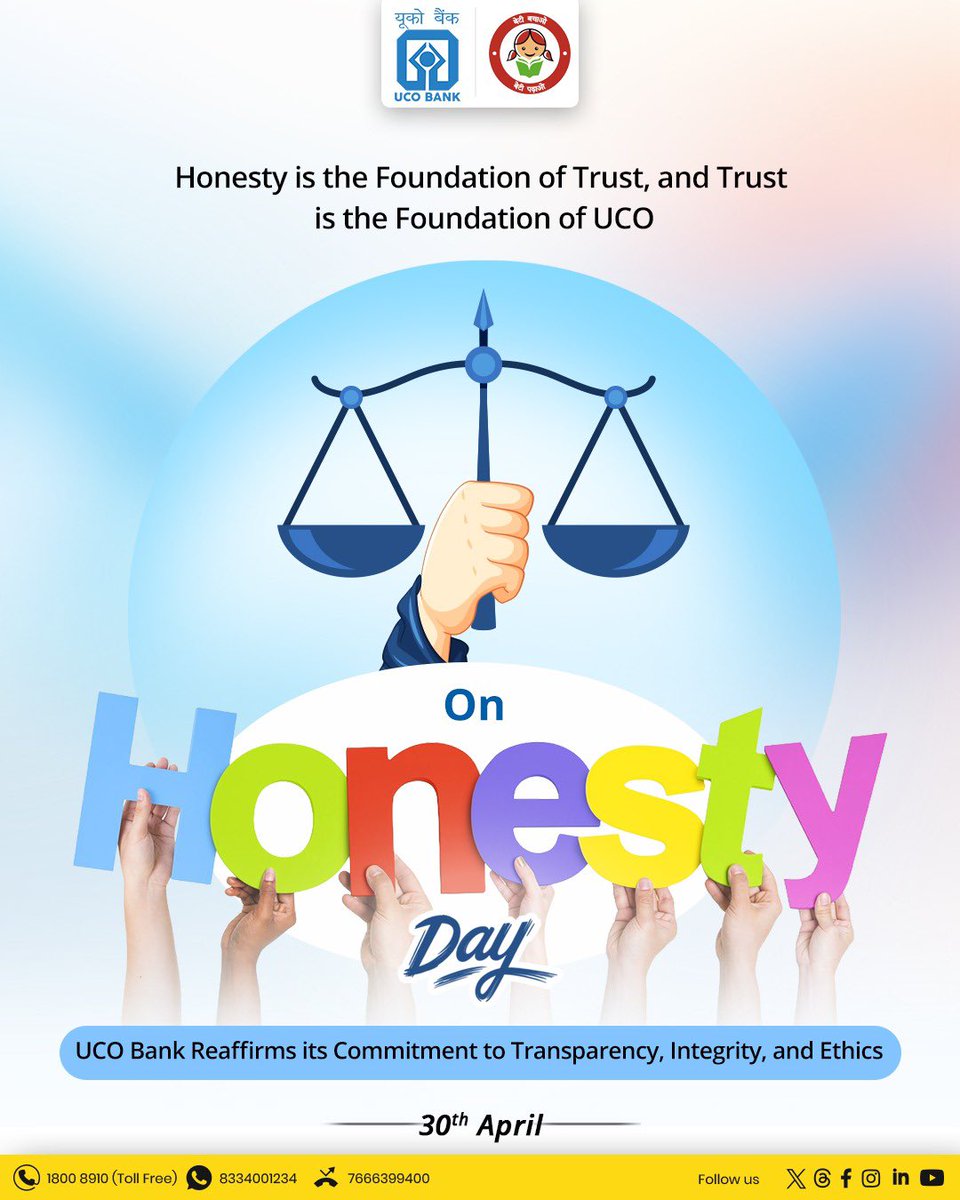 UCOBankOfficial's tweet image. Honesty builds trust, and trust builds everything 💙
This Honesty Day, let’s stand strong on values of transparency, integrity, and ethics.

Because doing right is always the right way ✨

#HonestyDay #Integrity #Trust #Transparency #Ethics