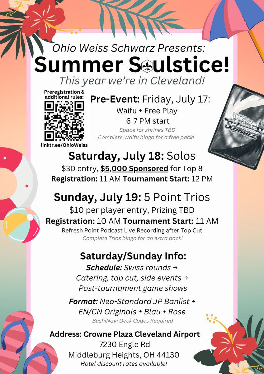 We are almost at 60 signups for this year’s Soulstice! Let’s try to make this as big as an official regional 👀 

Preregister here: forms.gle/tMMcbtcDCiaYmL…

#OHSoulstice26 

#ws2tcg #ヴァイスシュバルツ #WeissSchwarz #WS