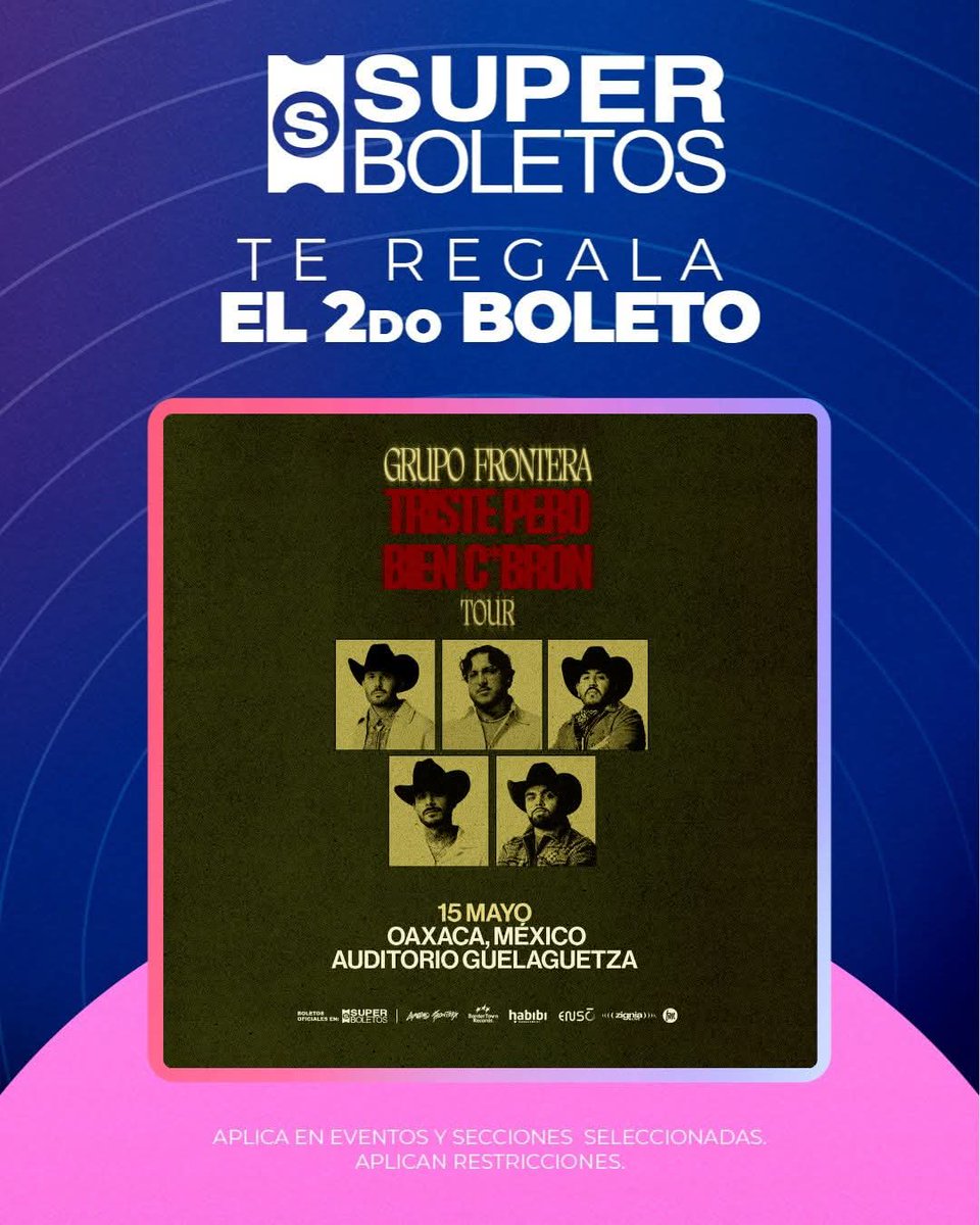 Sigueaenfoque's tweet image. Superboletos te regala el 2do boleto. 🎟️

Grupo Frontera "Triste Pero Bien C*bron Tour". 🤠

Zonas:
Palco B Plata
Palco B General
Palco C Bronce

Aplica en eventos y secciones seleccionadas.
Aplican restricciones.

#Superboletos #2x1 #GrupoFrontera #Oaxaca ✨️