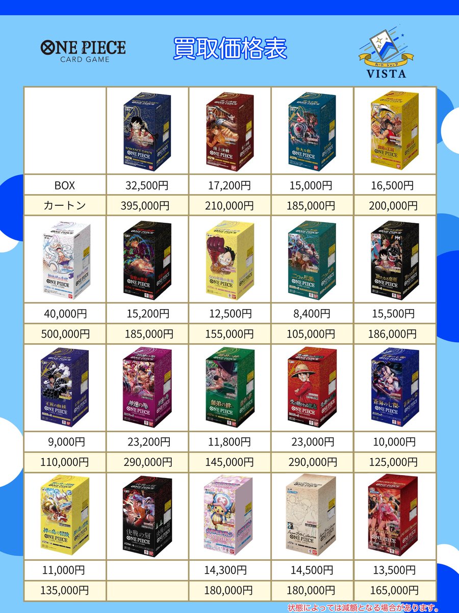 VISTA1751412's tweet image. 4月30日
🎩ワンピースカードBOX &amp;amp;カートン買取表🎩
#町田 #ワンピースカード #BOX #買取