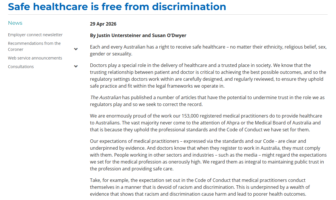 Jilliantweeting's tweet photo. Press release from @Ahpra responding to criticisms by the Australian newspaper: They think doctors who question gender medicine and gender ideology are engaging in 'discrimination' which can 'cause harm and poorer health outcomes'. @Ahpra is admitting to pursuing LGBTIQA+ political goals for society rather than taking a scientific, evidence-based approach to healthcare. #ComeoutofACON 
@Mark_Butler_MP @AngusTaylorMP @PaulineHansonOz @DavidCrisafulli @TimNichollsMP
