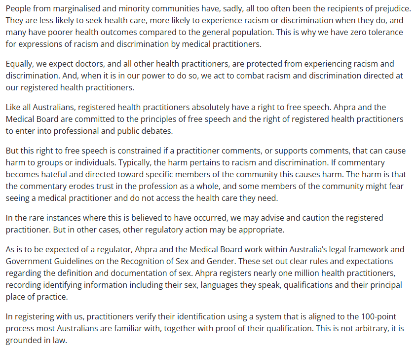 Jilliantweeting's tweet photo. Press release from @Ahpra responding to criticisms by the Australian newspaper: They think doctors who question gender medicine and gender ideology are engaging in 'discrimination' which can 'cause harm and poorer health outcomes'. @Ahpra is admitting to pursuing LGBTIQA+ political goals for society rather than taking a scientific, evidence-based approach to healthcare. #ComeoutofACON 
@Mark_Butler_MP @AngusTaylorMP @PaulineHansonOz @DavidCrisafulli @TimNichollsMP