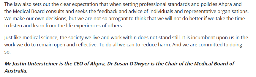 Jilliantweeting's tweet photo. Press release from @Ahpra responding to criticisms by the Australian newspaper: They think doctors who question gender medicine and gender ideology are engaging in 'discrimination' which can 'cause harm and poorer health outcomes'. @Ahpra is admitting to pursuing LGBTIQA+ political goals for society rather than taking a scientific, evidence-based approach to healthcare. #ComeoutofACON 
@Mark_Butler_MP @AngusTaylorMP @PaulineHansonOz @DavidCrisafulli @TimNichollsMP