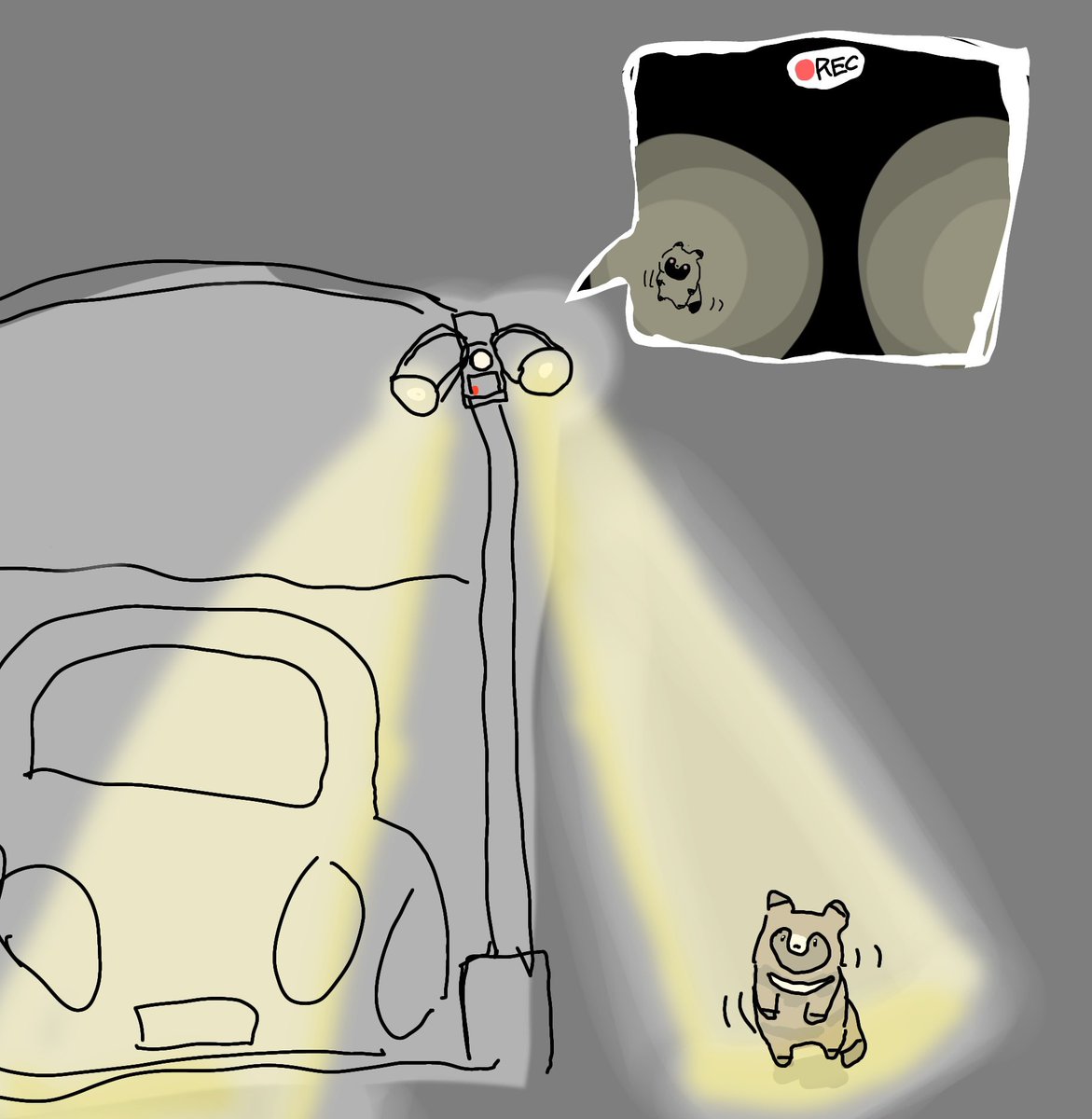 防犯カメラの映像は出せないので、家族に再現タヌキを描いてもらいました