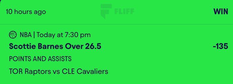 ADTG_0's tweet image. 4/29 NBA RECAP

Scottie “561” Barnes comes through 

Scottie Barnes over 26.5 pts/asts ✅

Never a doubt with Scottie tonight, finsihed with 28 p/a 

Simple 1-0 on the night 
NBA Playoff Record : 13-6

#Gambling𝕏 #NBA #ABL