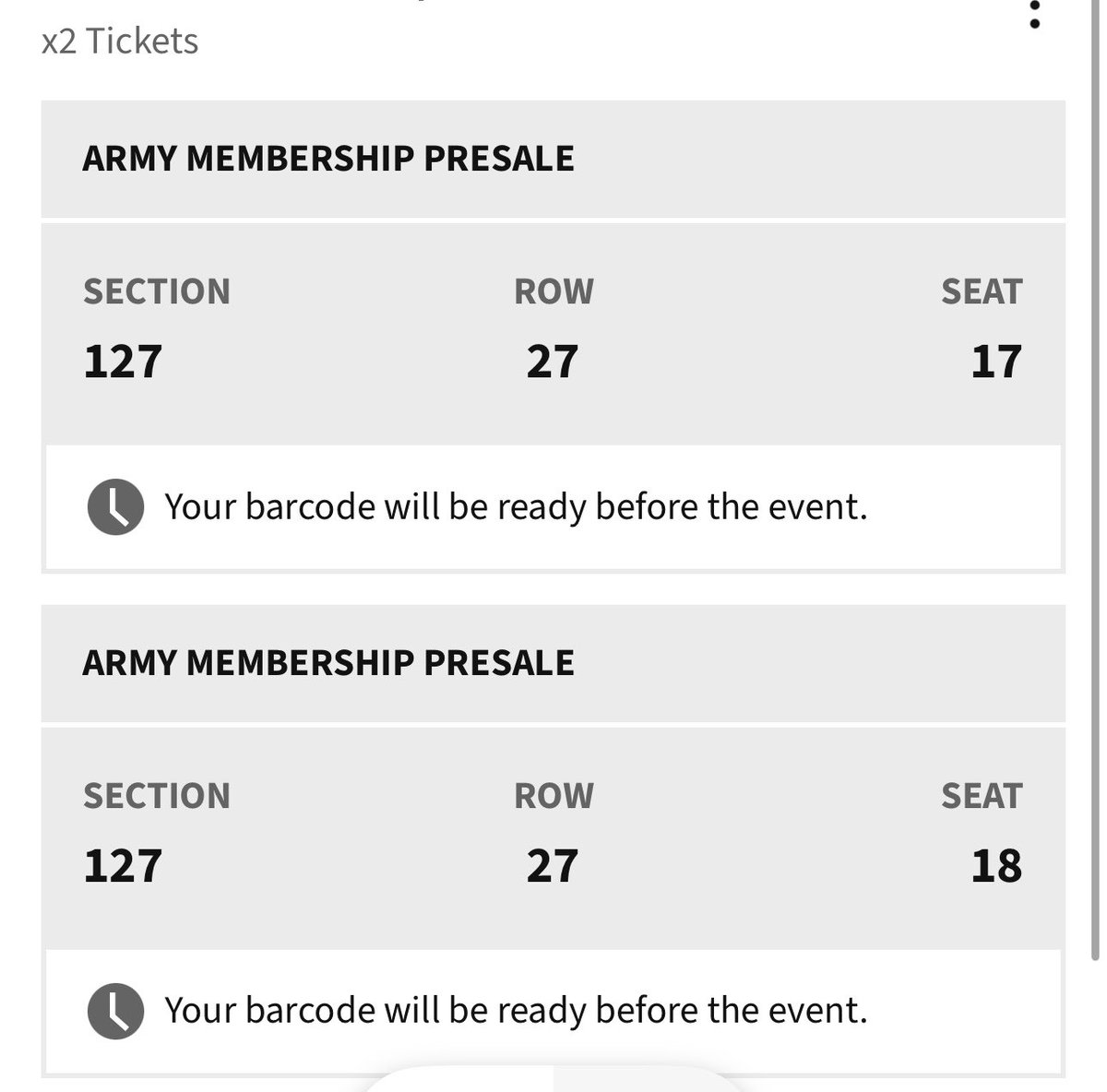 Selling TWO tickets for BTS in Vegas on May 27th and 28th for below face value.